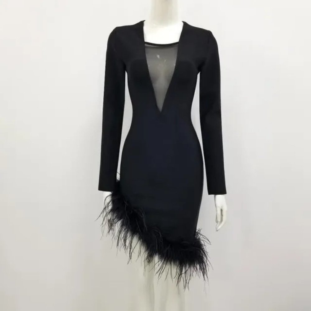 Classy Long Sleeve Feather Dress - Picture 2 of 4